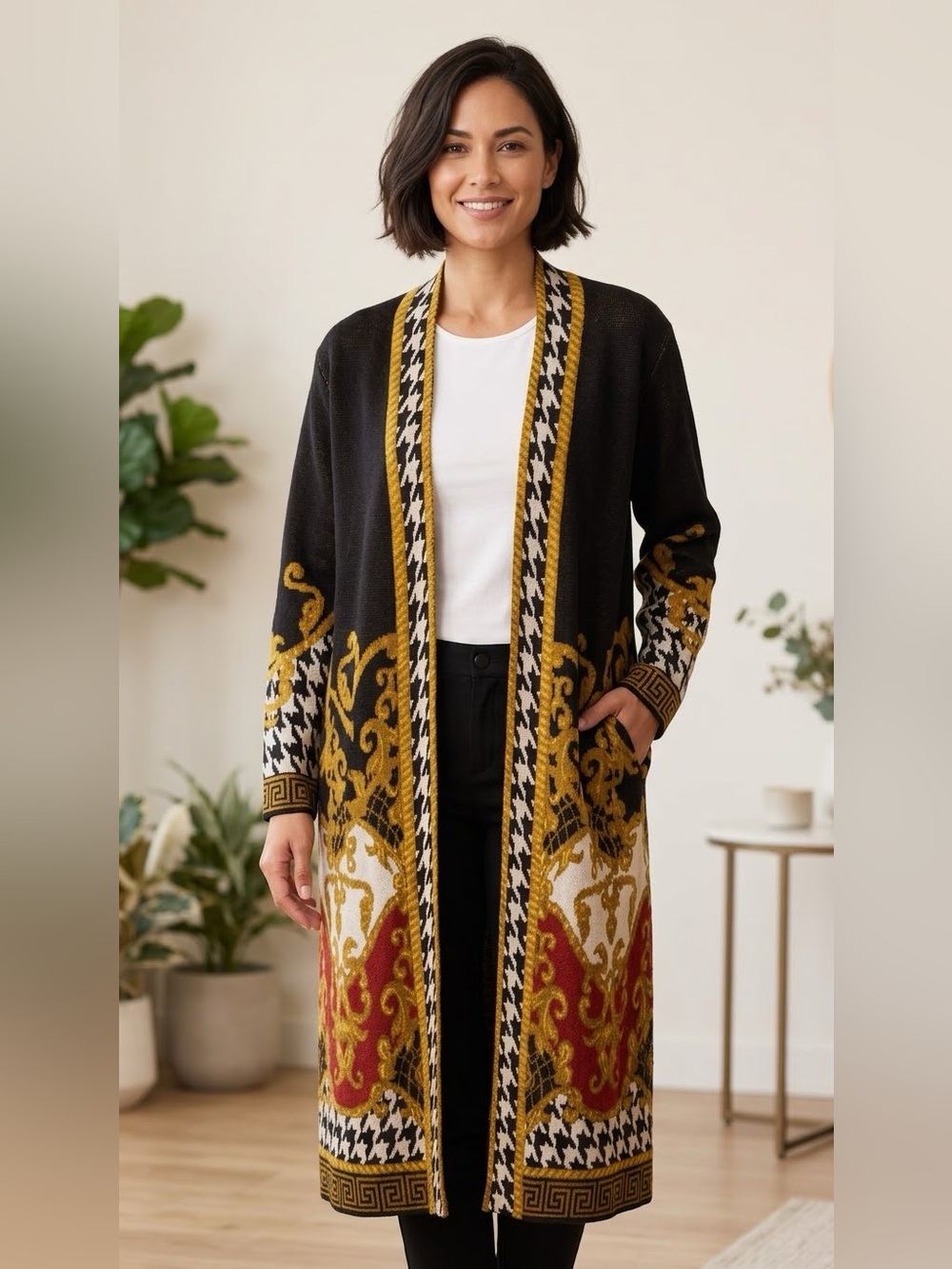 MAXSPORT Long Black & Gold Patterned Open Cardigan Sweater LARGE